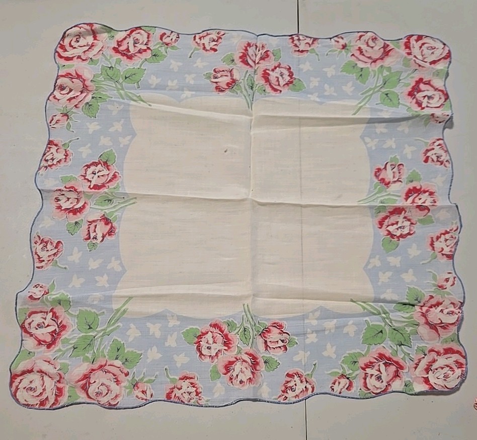 Vintage Mid Century Handkerchief Pink & White Wild Roses on Blue & White Hankie