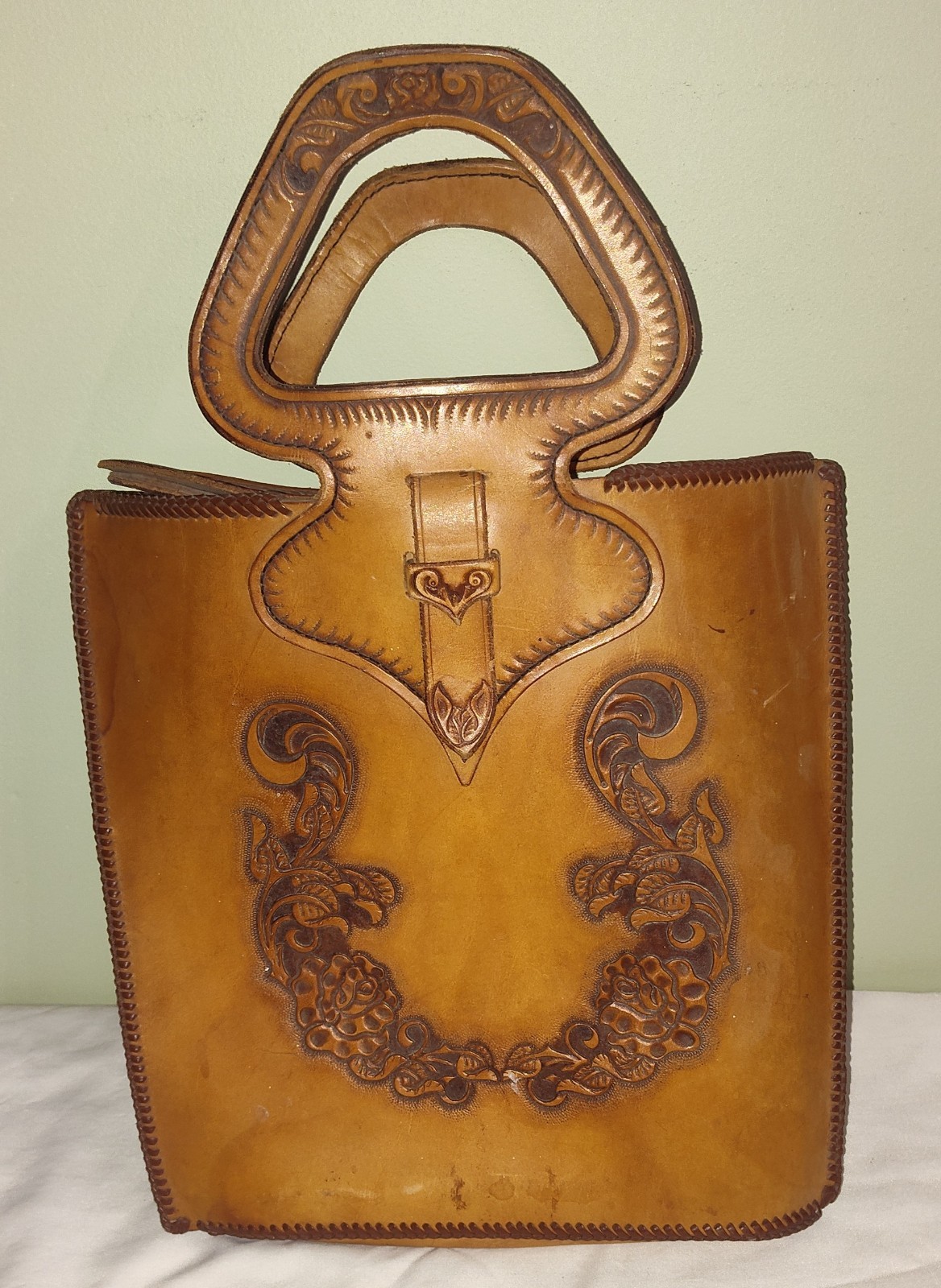 Unbranded Vintage Handmade Tooled Floral Leather Lined Stitched Large Bag Case