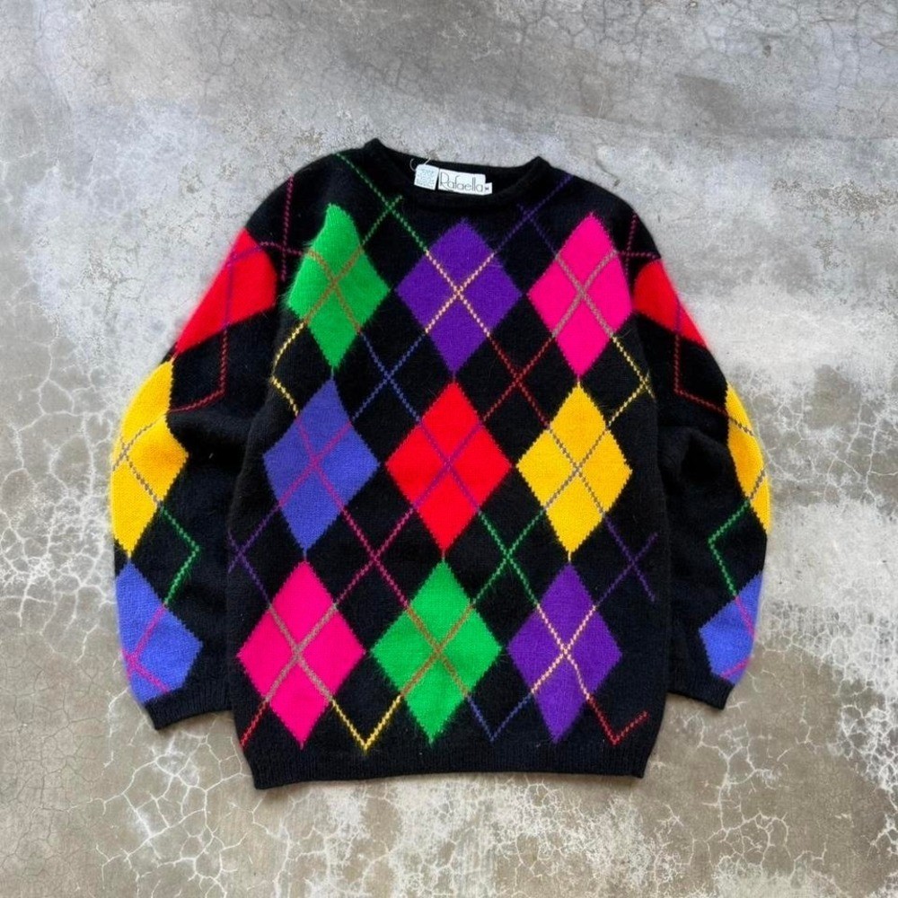 Vintage 80’s Rafaella Rabit Fur Wool Plaid Sweater
