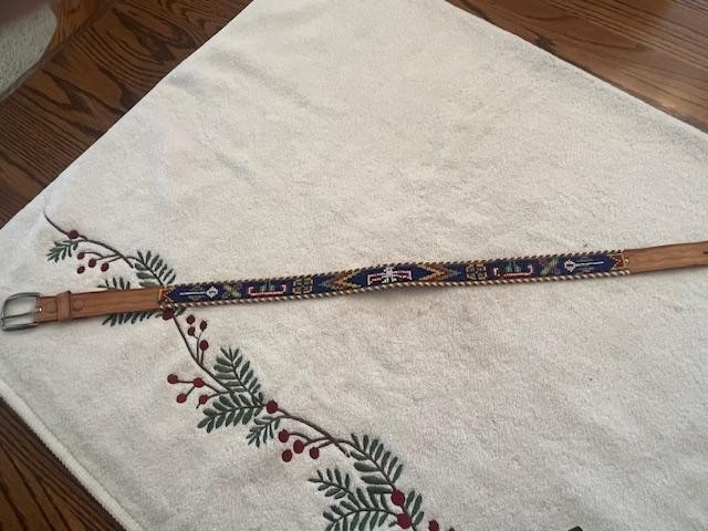 Vintage Leather Belt Beadwork Beaded Stripes Native American Indian 33.5”L