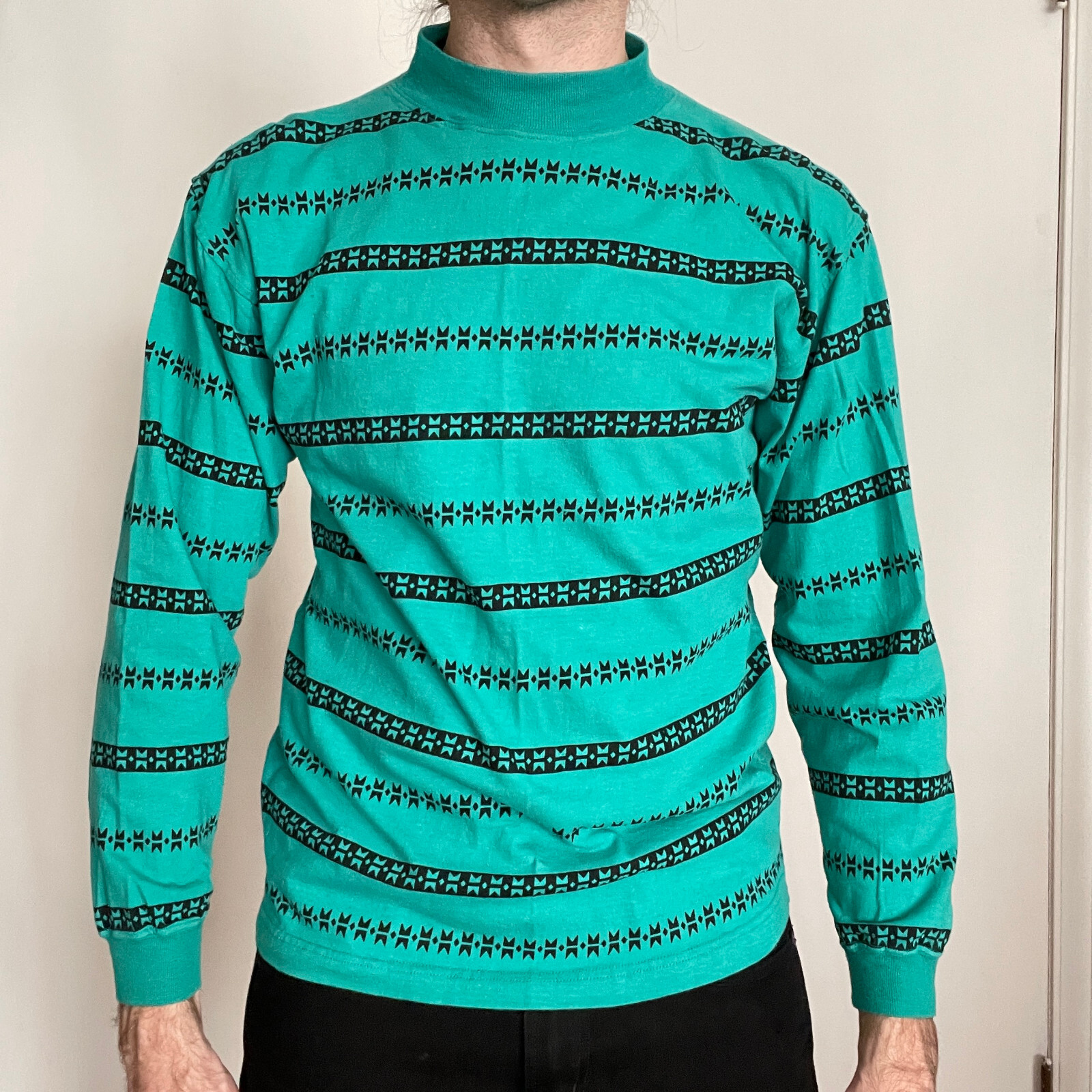 vintage 90s Honors Long Sleeve Printed T Shirt Size Medium M Teal Black Cotton