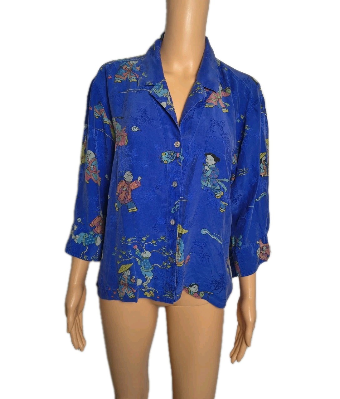 Vintage 80s 90s Chico’s Design Asian 100% Silk Blouse Royal Blue Size L