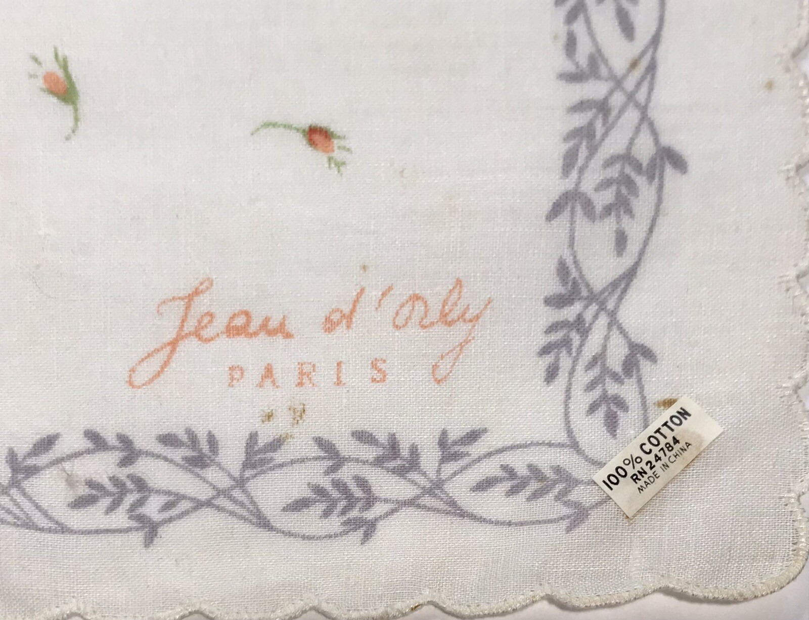 NWT Vintage Jean d’Orly Handkerchief PARIS Mid Century White Floral