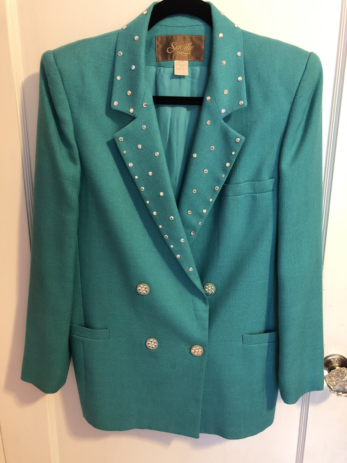 Vintage 80’s Saville Teal Aqua AB Rhinestones Women’s Blazer Suit Jacket Coat