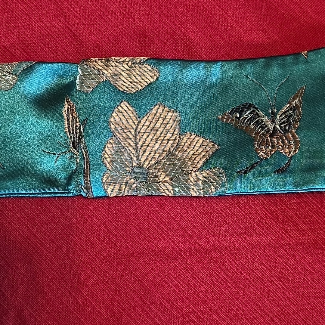 MJ Ernst Couturier Asian Brocade Sash Obi Belt Teal Emerald Floral Butterfly
