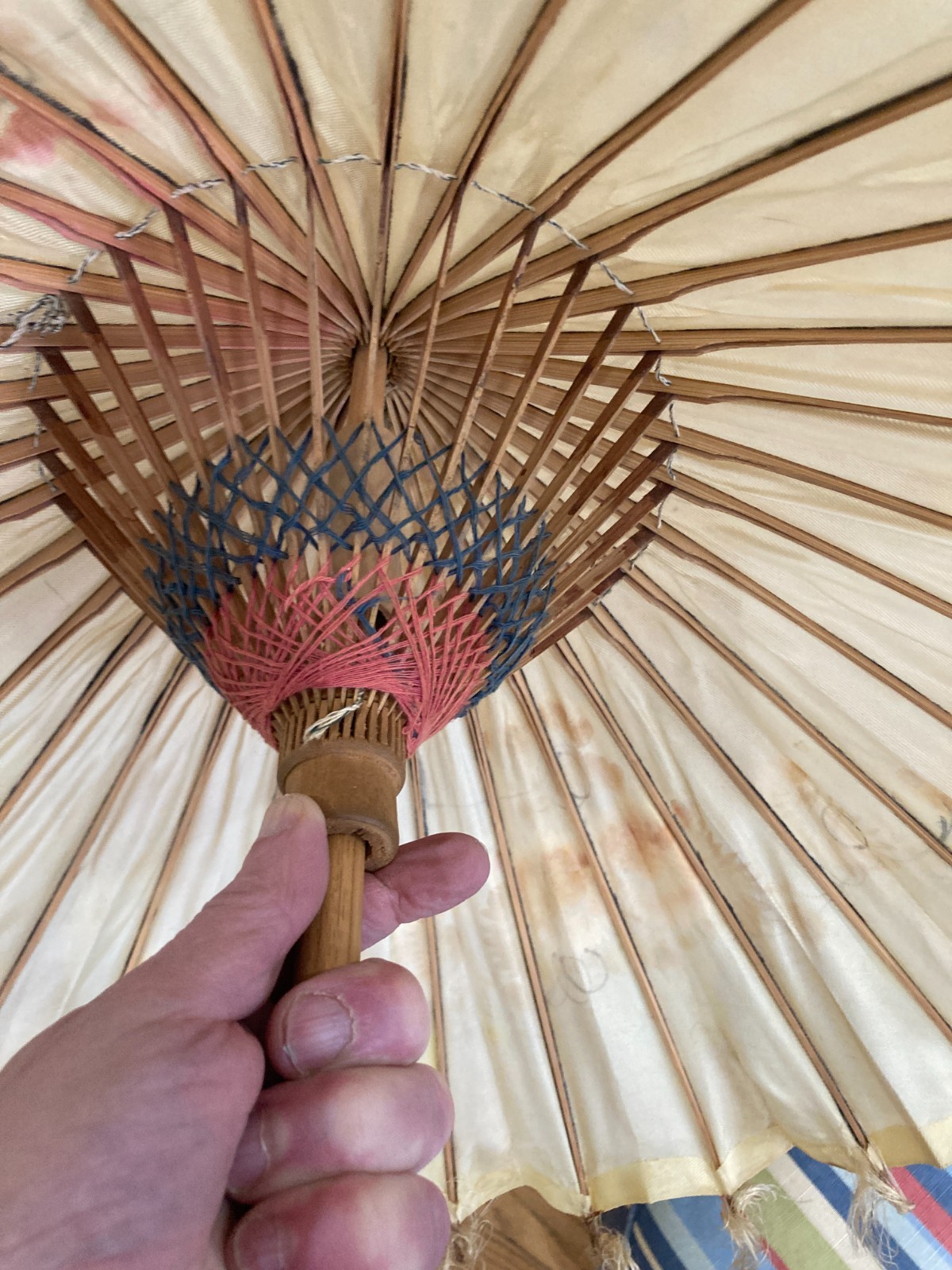 Antique Cloth Silk Umbrella Parasol Handpainted Flowers 25 3/4″ T 1890s-1910s