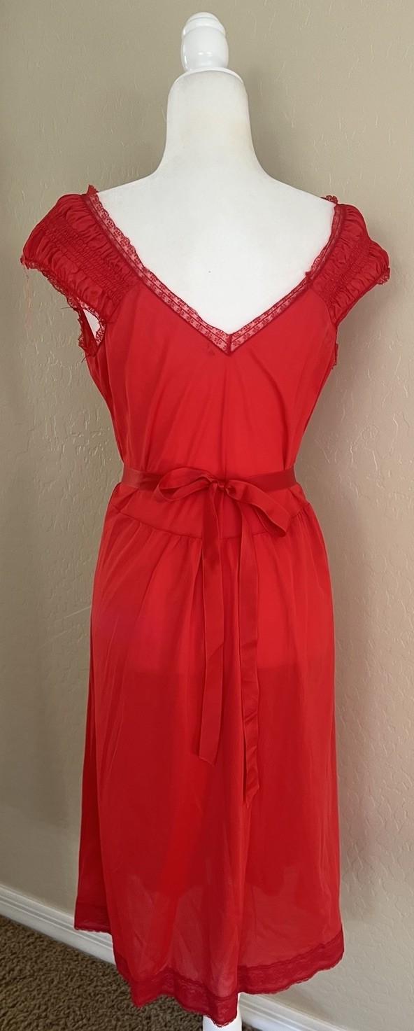 Vintage 50s Artemis Ruched Lace Nightgown Siren Red SZ 38 Med Belted Cap Sleeve