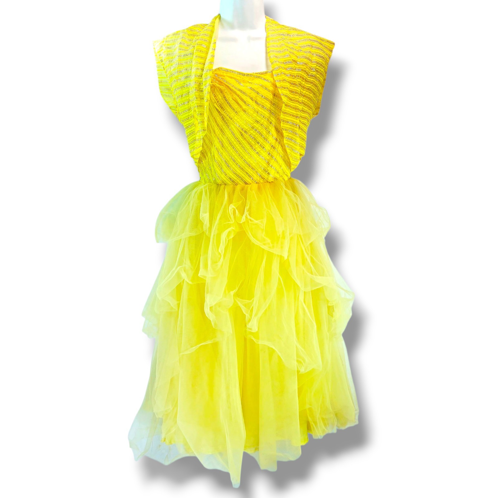 VTG 50s 2 Pc Yellow Formal Dress Matching Bolero Cascade Lace Tulle Organza Sz S