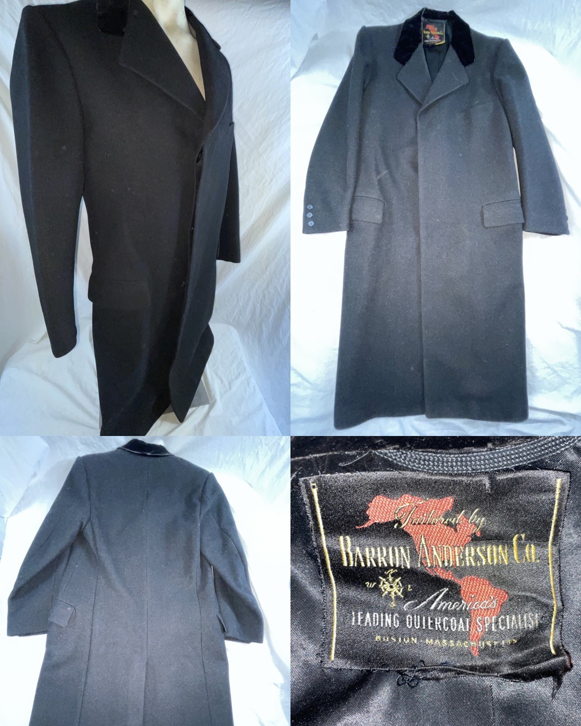 VTG 40s 50s MENS M BLACK WOOL HIDDEN BUTTON LONG OVERCOAT TRENCH GREAT TOP COAT