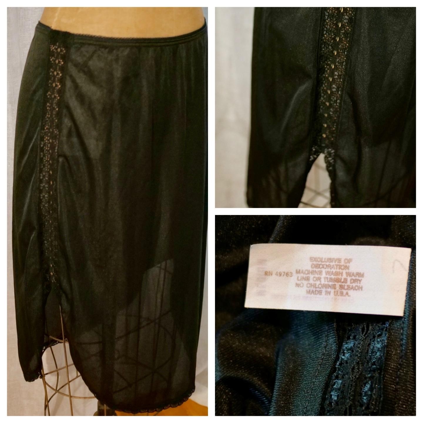 vtg Mod Black Retro LACE SIDE Half Slip Nylon M Sissy USA Cottagecore Coquette