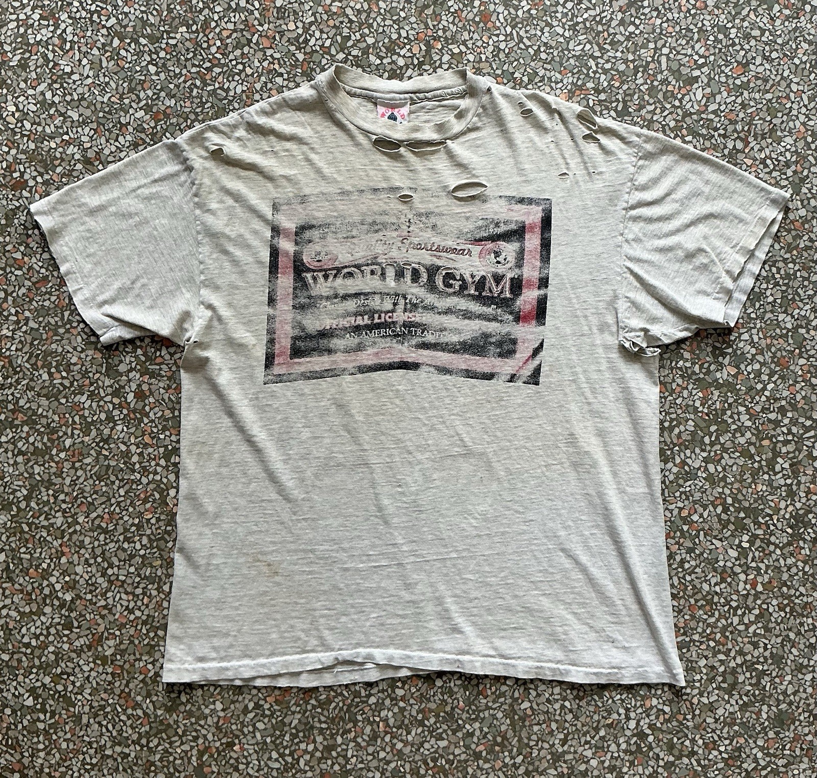Vintage THRASHED World Gym Faded Graphic T-Shirt Made In USA L:28” W:24”