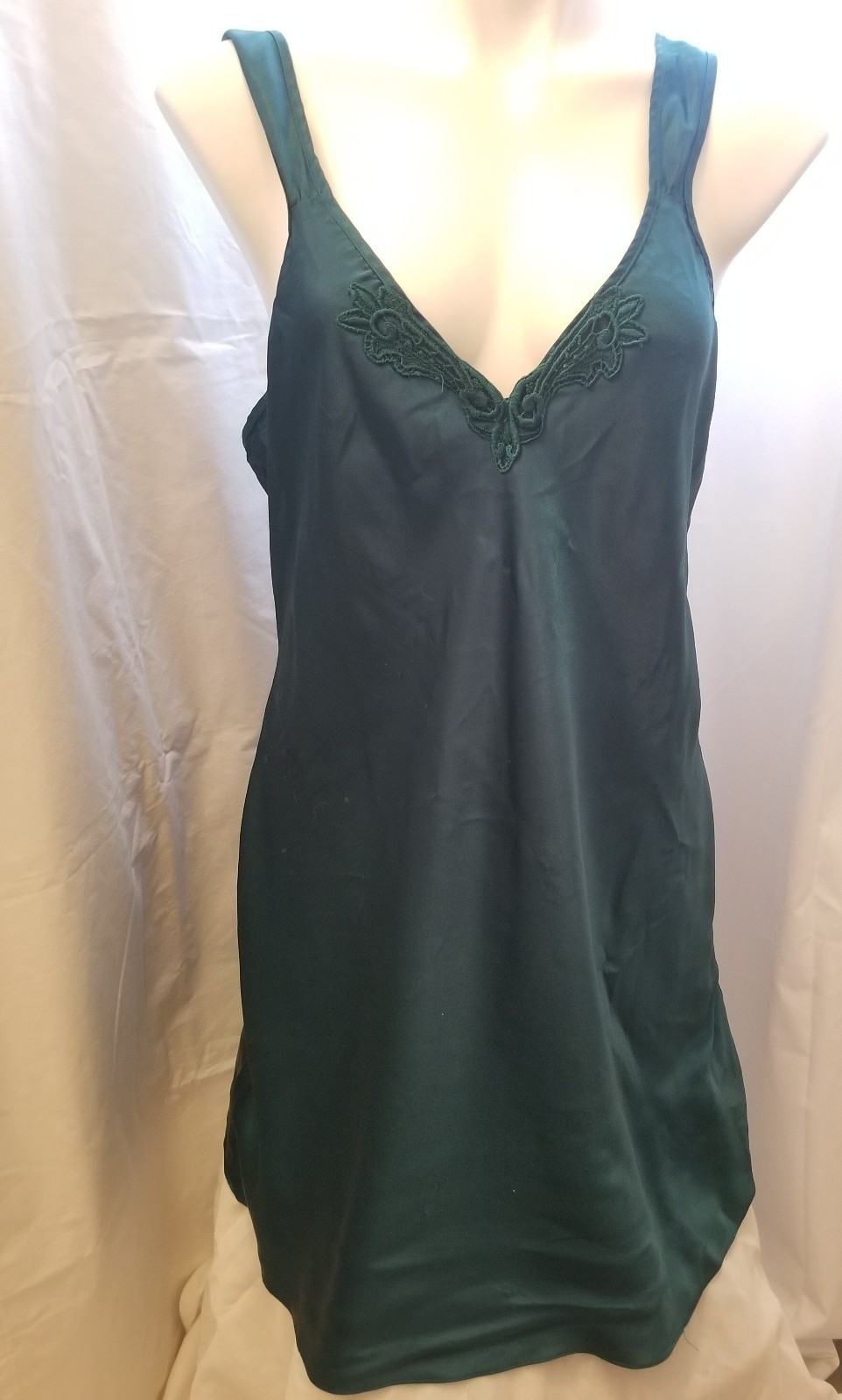 Vintage Adonna Dark Forest Green Satin Chemise Gown Slip Dress Evergreen L