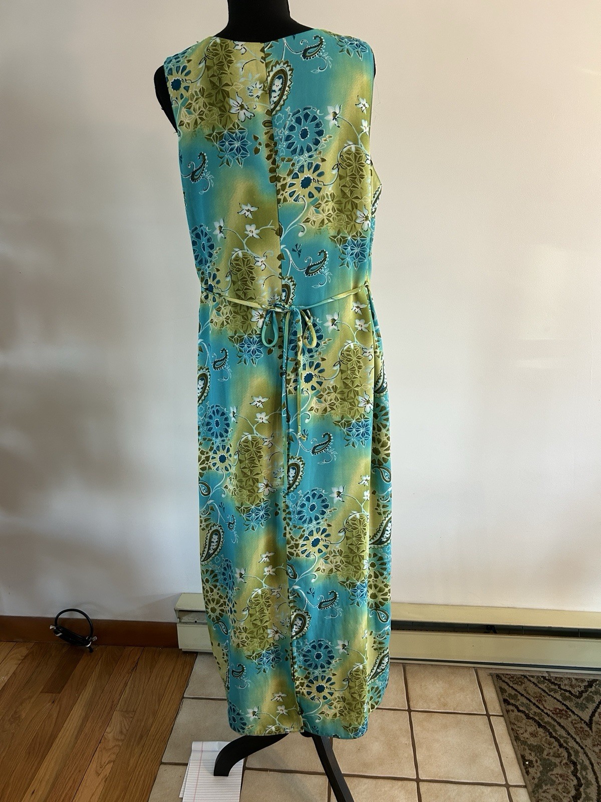 Kathie Lee Collection Maxi Dress Large 12/14 Green Blue Yellow 100% Polyester