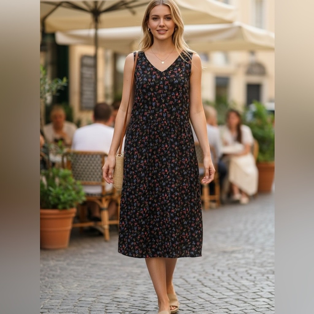 Talbots Black Floral Corduroy Midi Dress Vintage Sleeveless Size 18 NWT