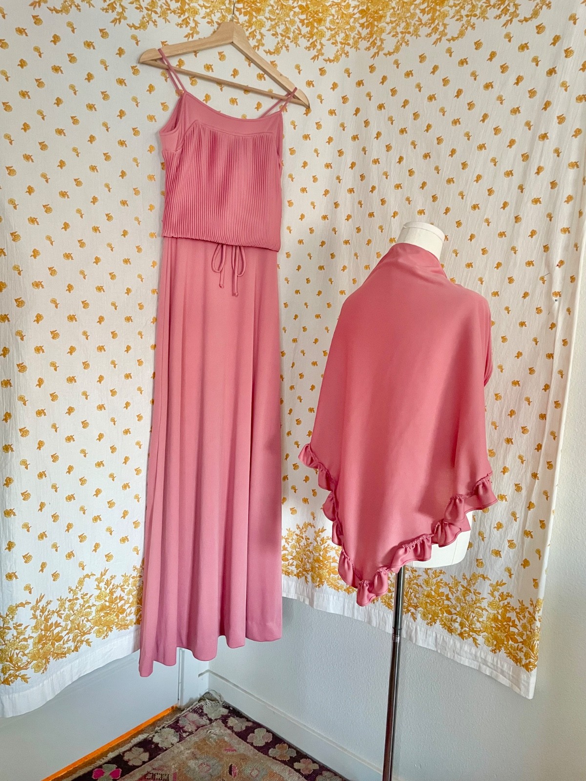 Vintage 70s Sears Dusty Rose Maxi Prom Dress Shawl Set Size 6 Formal