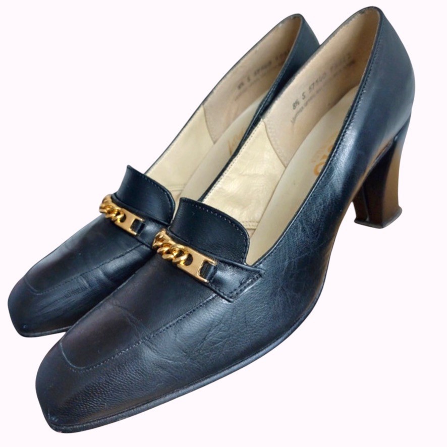 Vintage 1960s 1970s GOLO Lord & Taylor Black Leather Chain Loafer Shoes 8.5