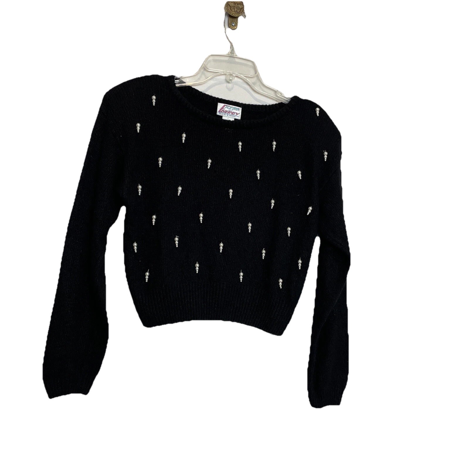 Vintage 80s Extra Energy De Rotchild Pearl Black Cropped Sweater L Silk Angora