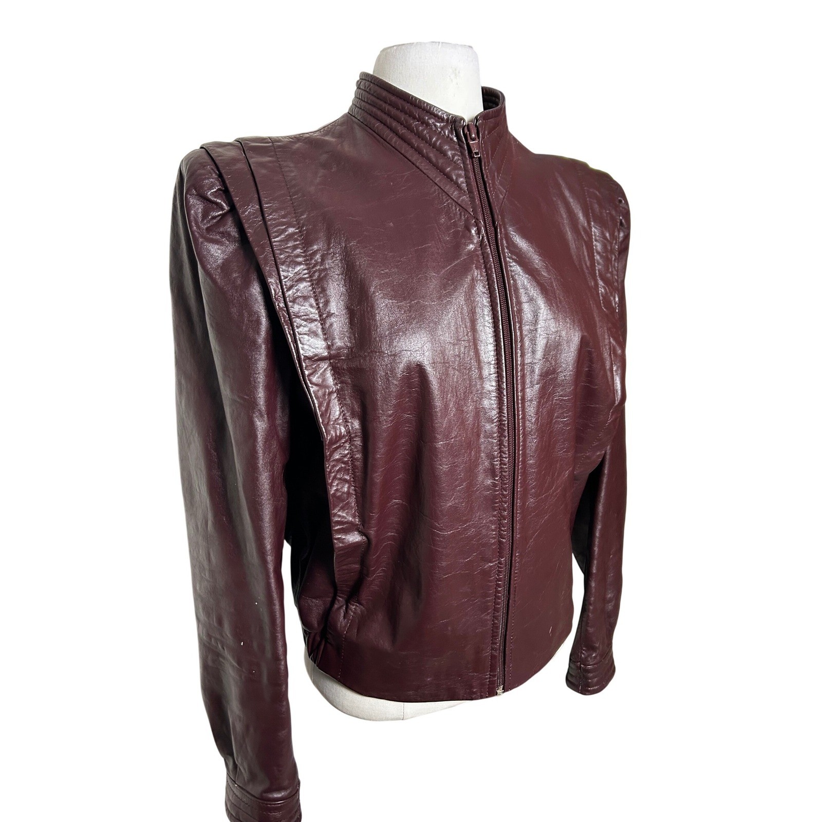 Berman’s Vintage 80s Burgundy Leather Jacket Shoulder Pads Retro Fitted Biker