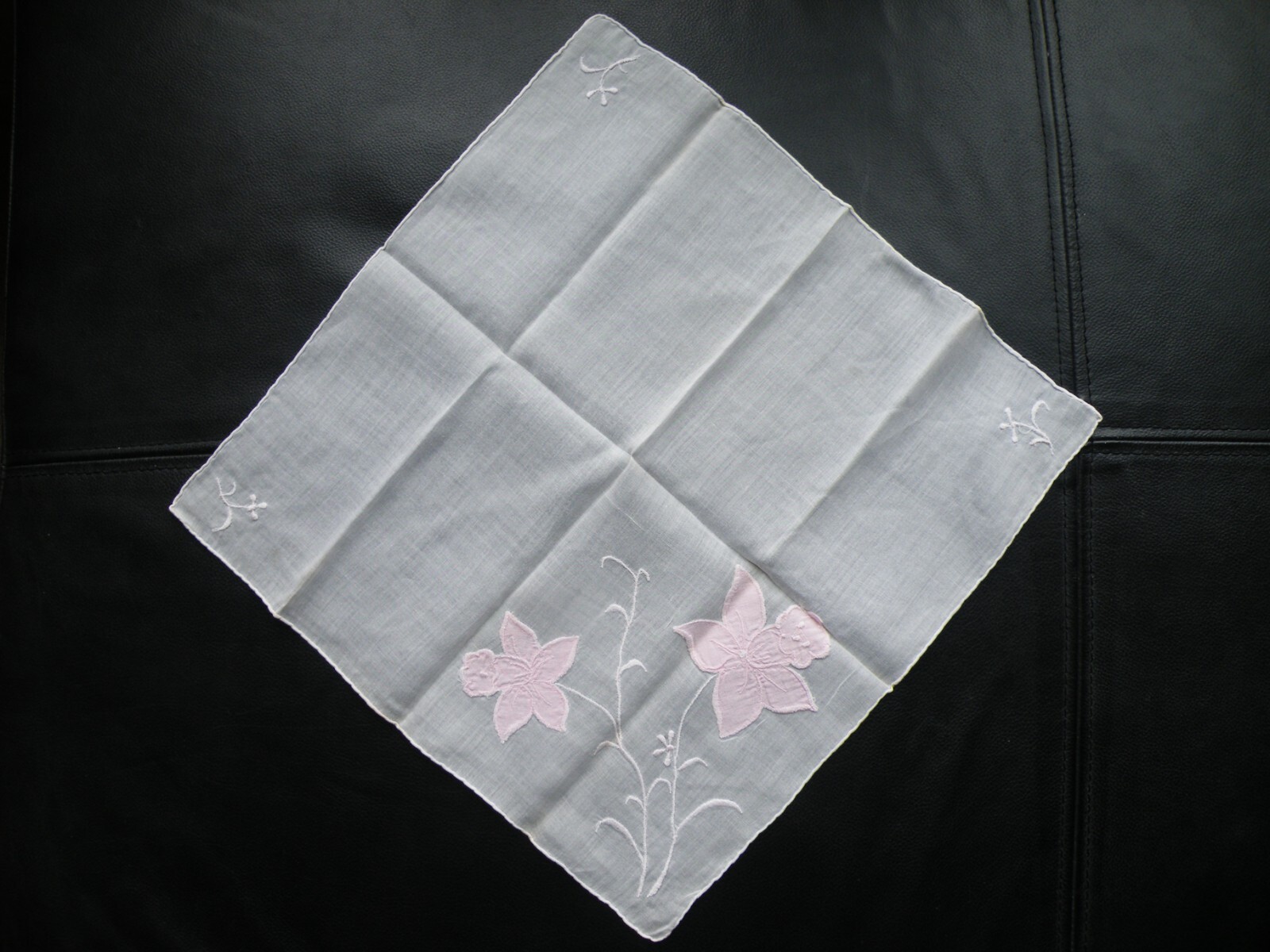 Vintage WHITE Linen PINK Applique FLOWER w EMBROIDERY Hand Rolled FREE SHIP
