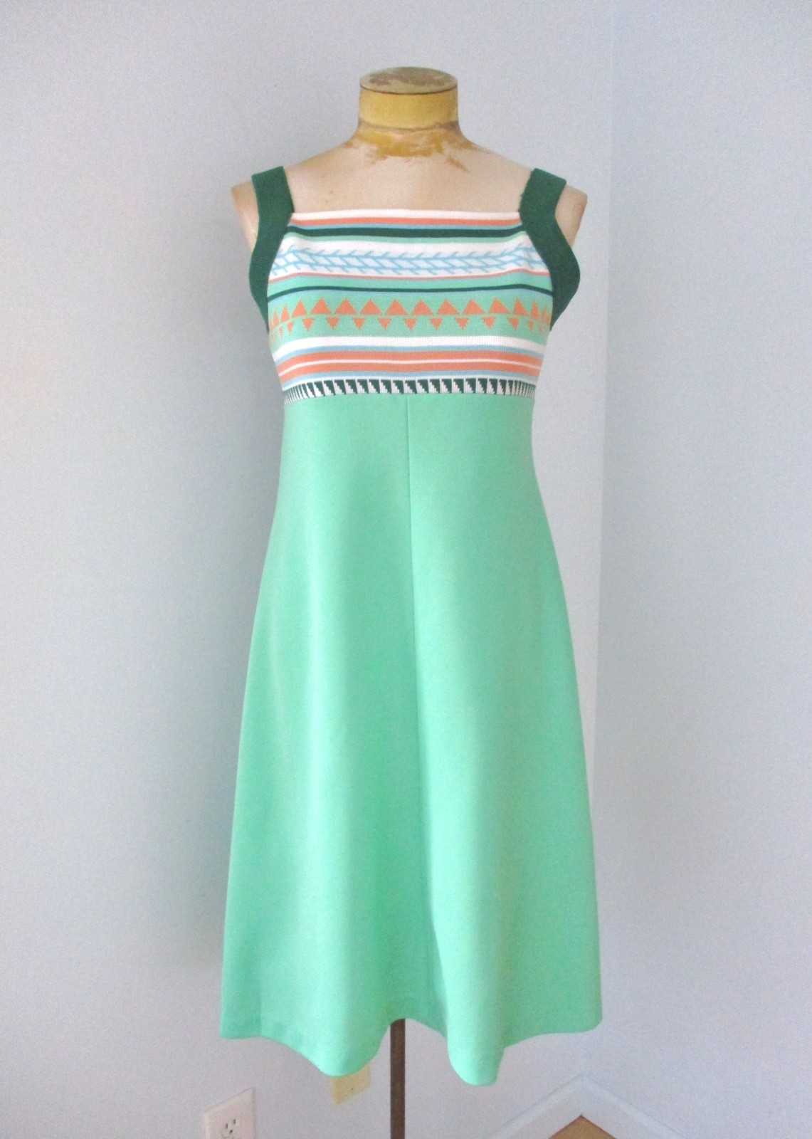 Vtg 70s Jade Green Poly Knit Tank Dress A-Line Skirt Geometric Stripe Top S/M