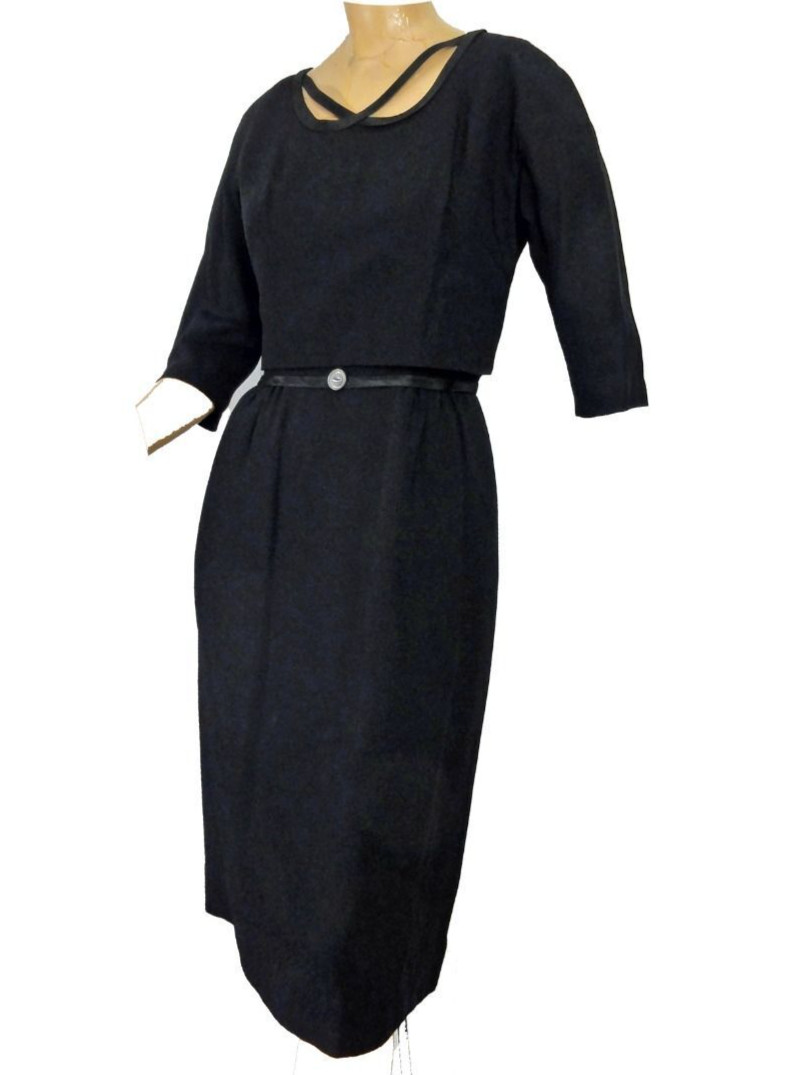 Vintage 1950s Black Sheath Cocktail Dress LBD Topaz Original Fancy Neckline