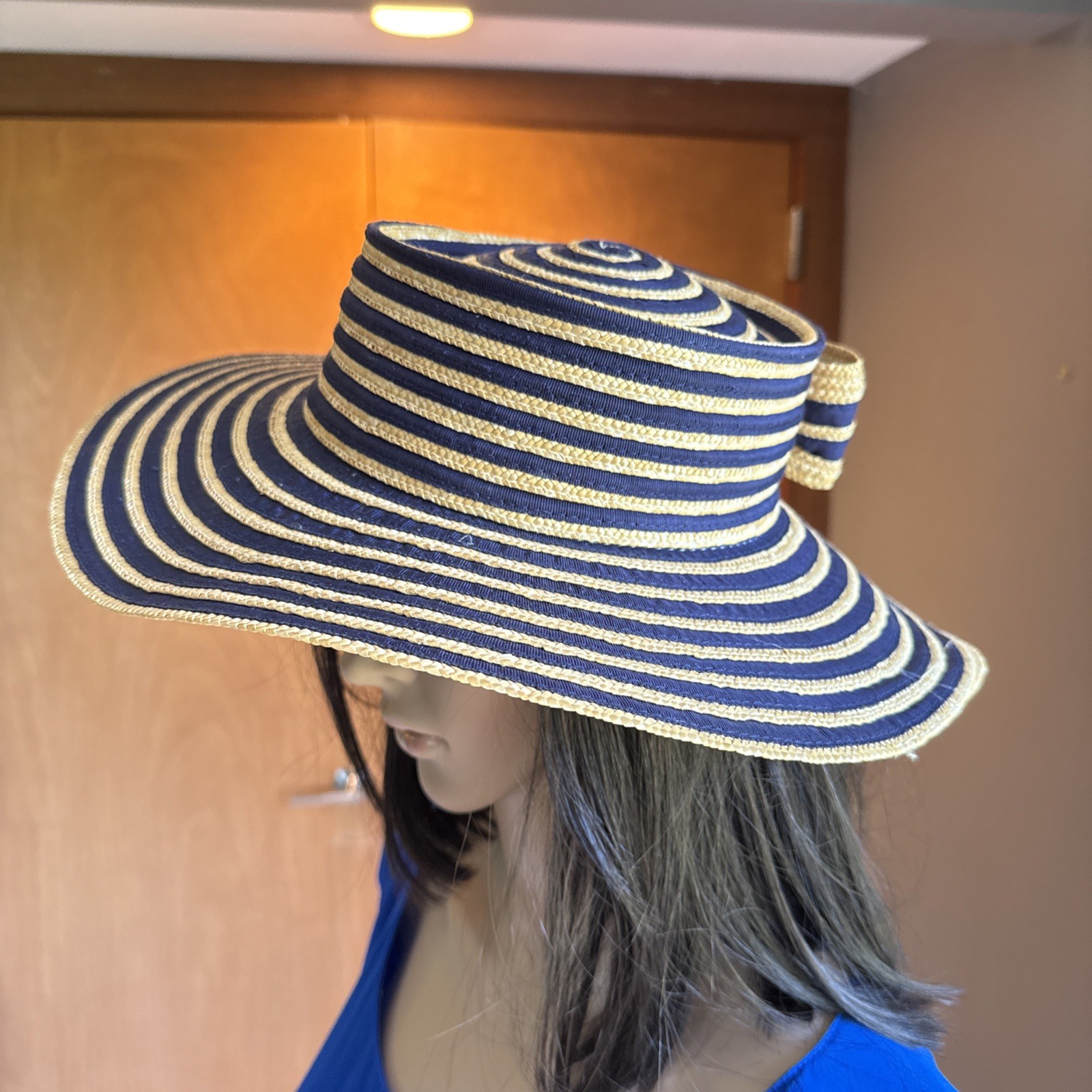 Liz Claiborne Vintage 1995 Straw And Ribbon Hat Dark Blue Ribbon