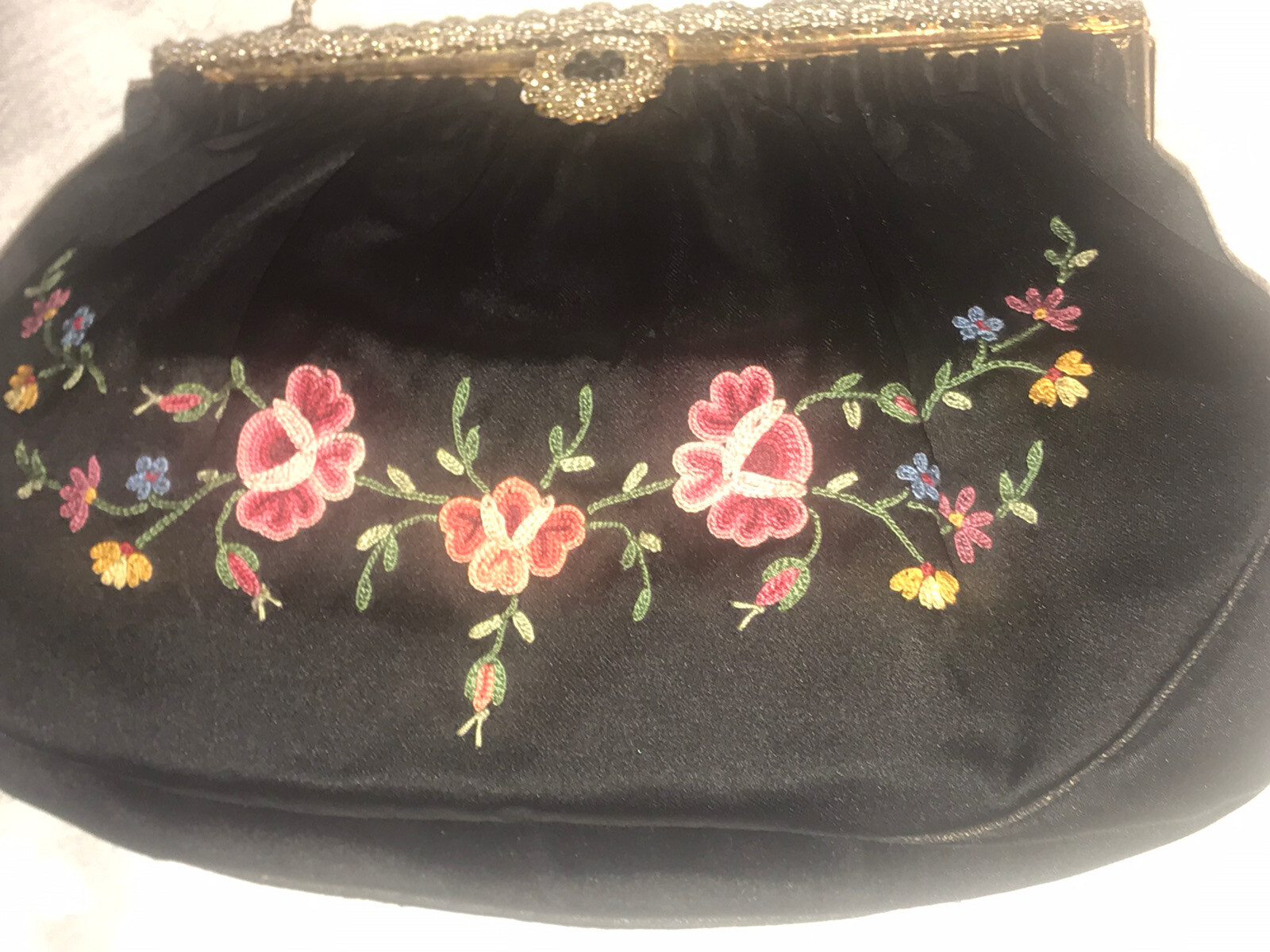 Antique embroidered French silk evening bag, black, from the 1920s or 30s Fab!