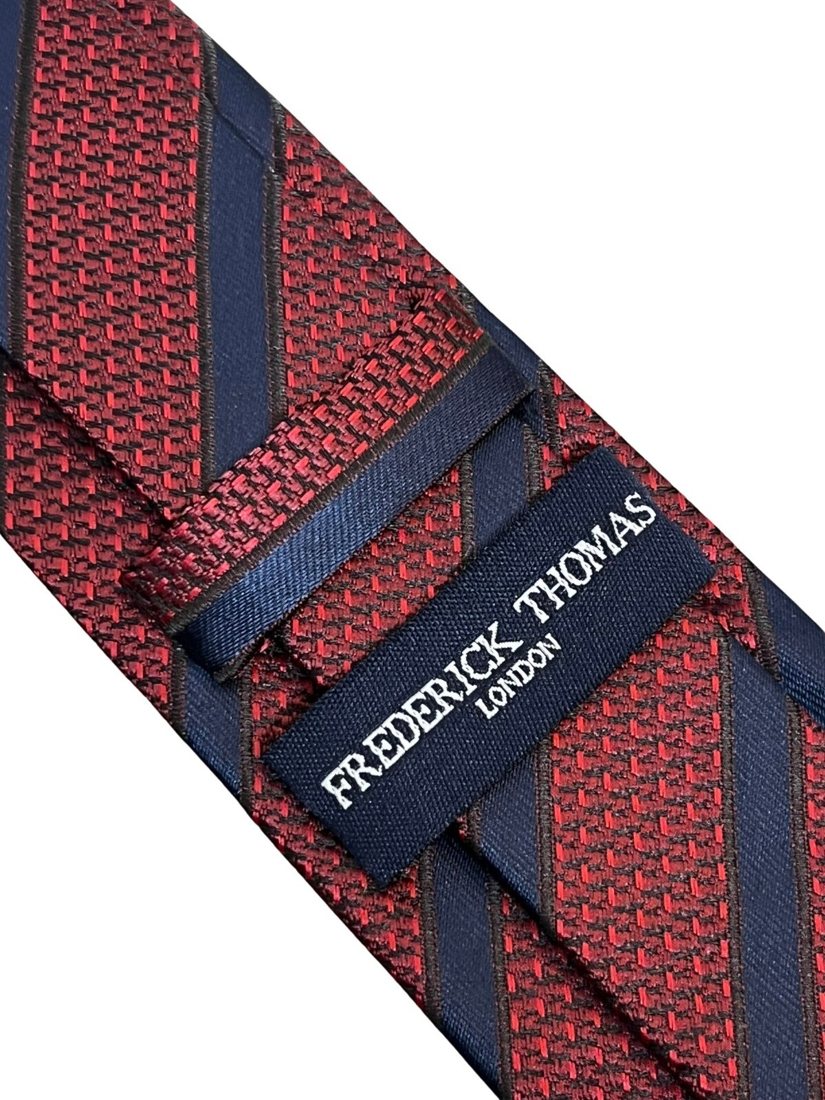 mens tie maroon red snakeskin style navy blue striped design by Frederick Thomas