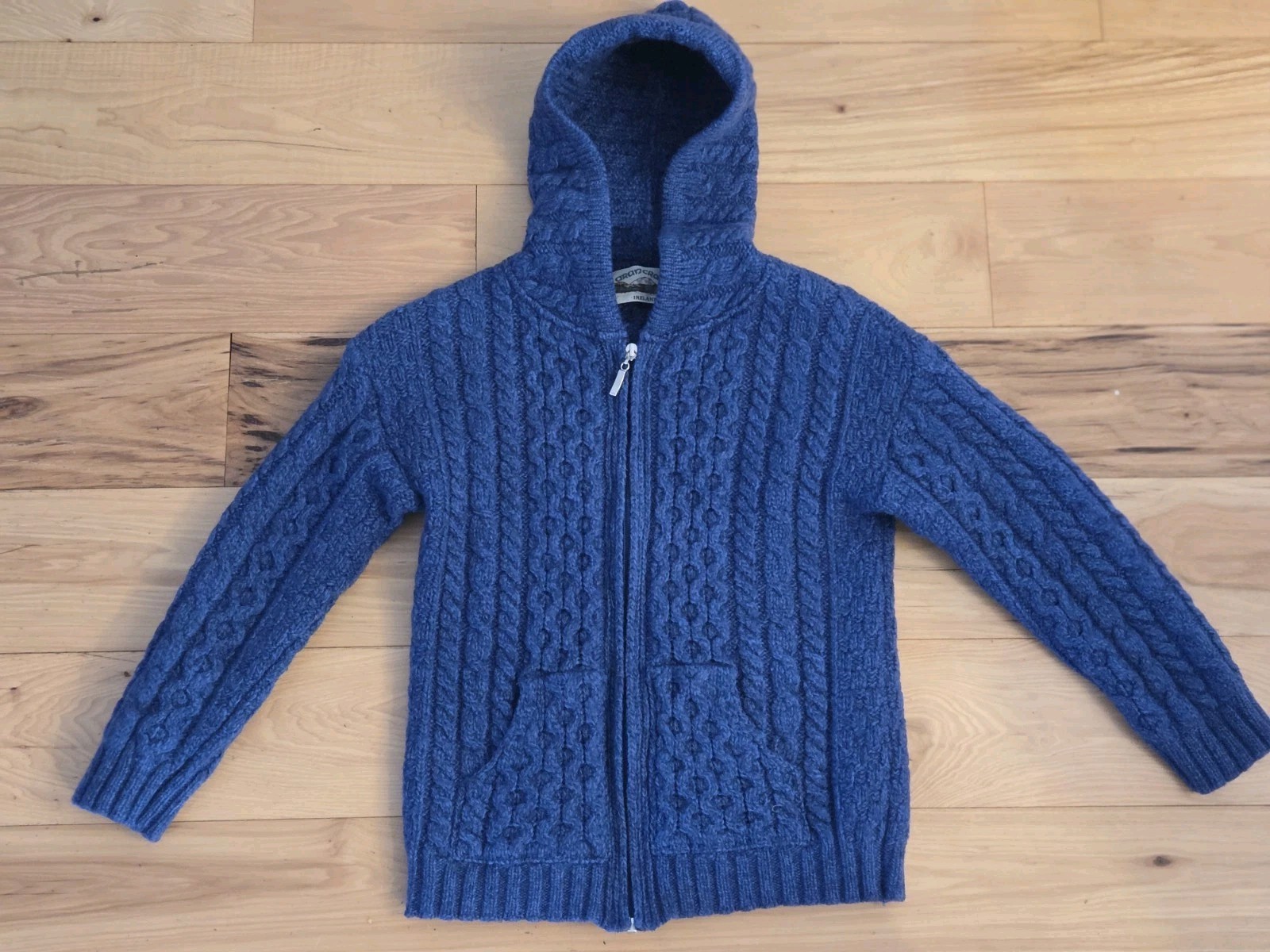 Aran Crafts Sweater Youth 8-11 Years Blue Cable Knit Wool Full Zip Hooded