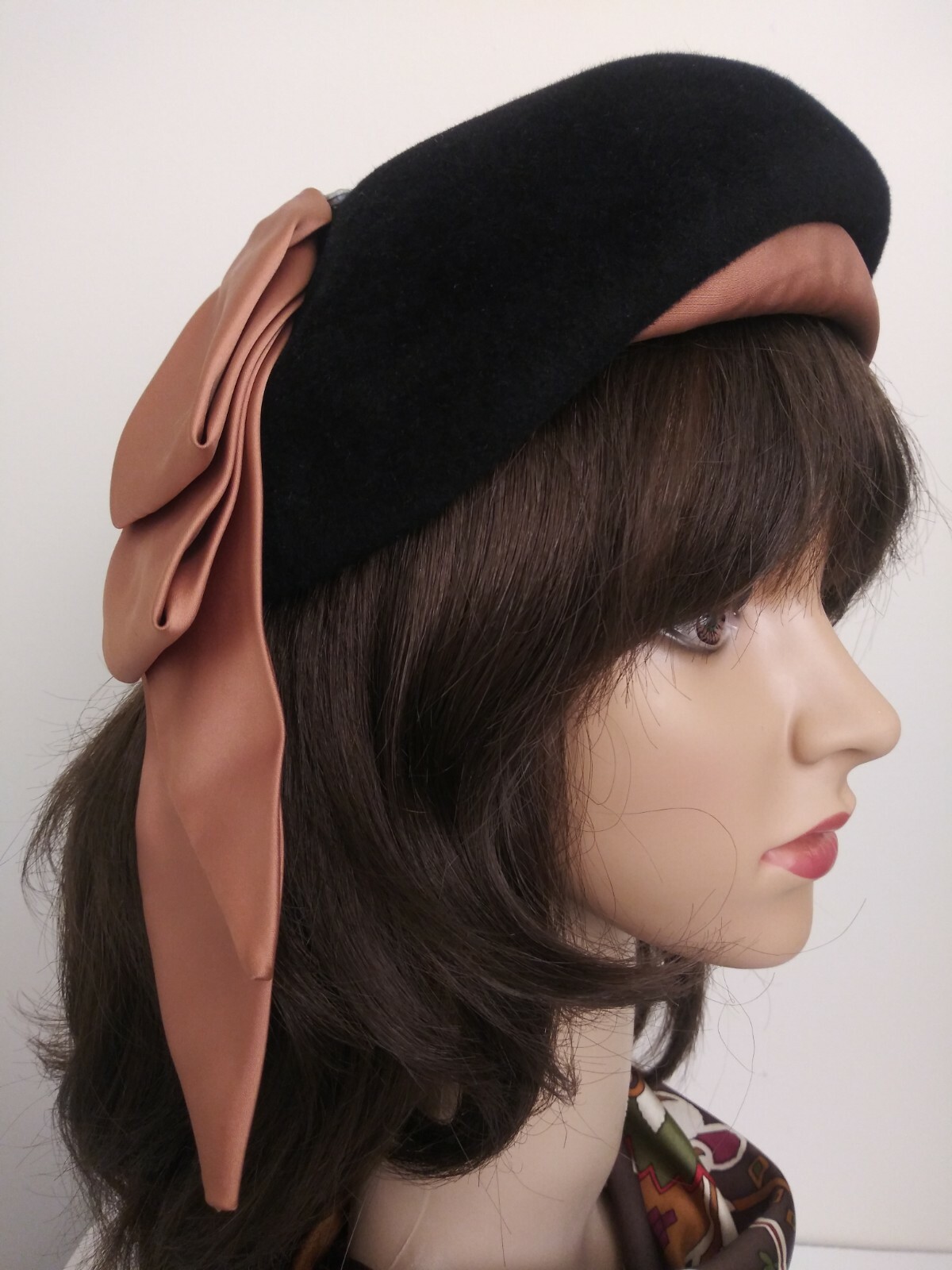 Vintage Styled By Julie Kay Chicago Black Velour/ Wool (?) & Satin Barrett Hat