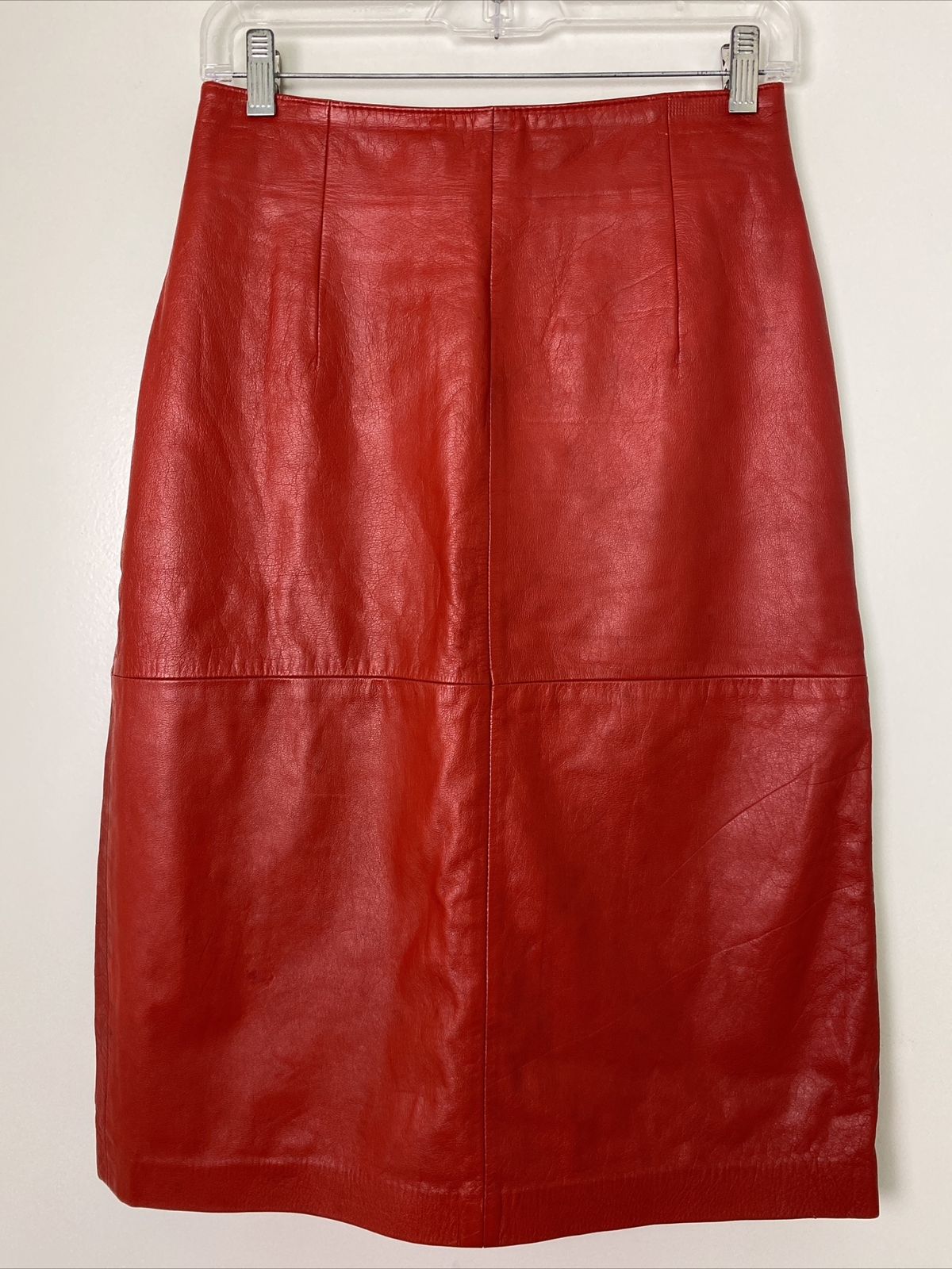 Vintage 1980s INVESTMENTS Red 100% Genuine Leather Knee Length A-Line Skirt Sz 8