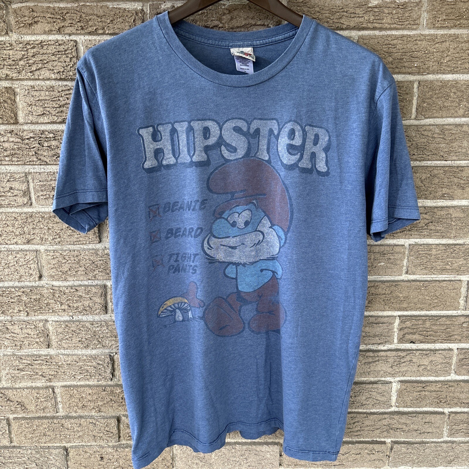 VTG Y2K Junk Food T Shirt Hipster Papa Smurf Blue M USA Beanie Beard Mushrooms