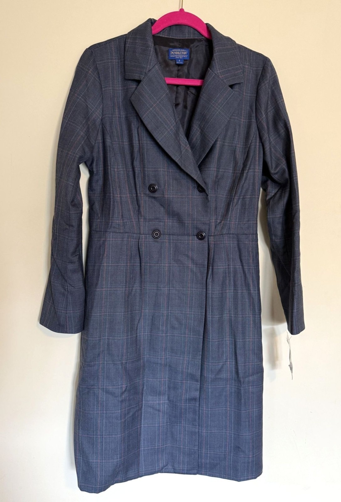 Pendelton Vintage Blue Plaid Wool Collard Long Sleeve Midi Dress siz 8 Academia