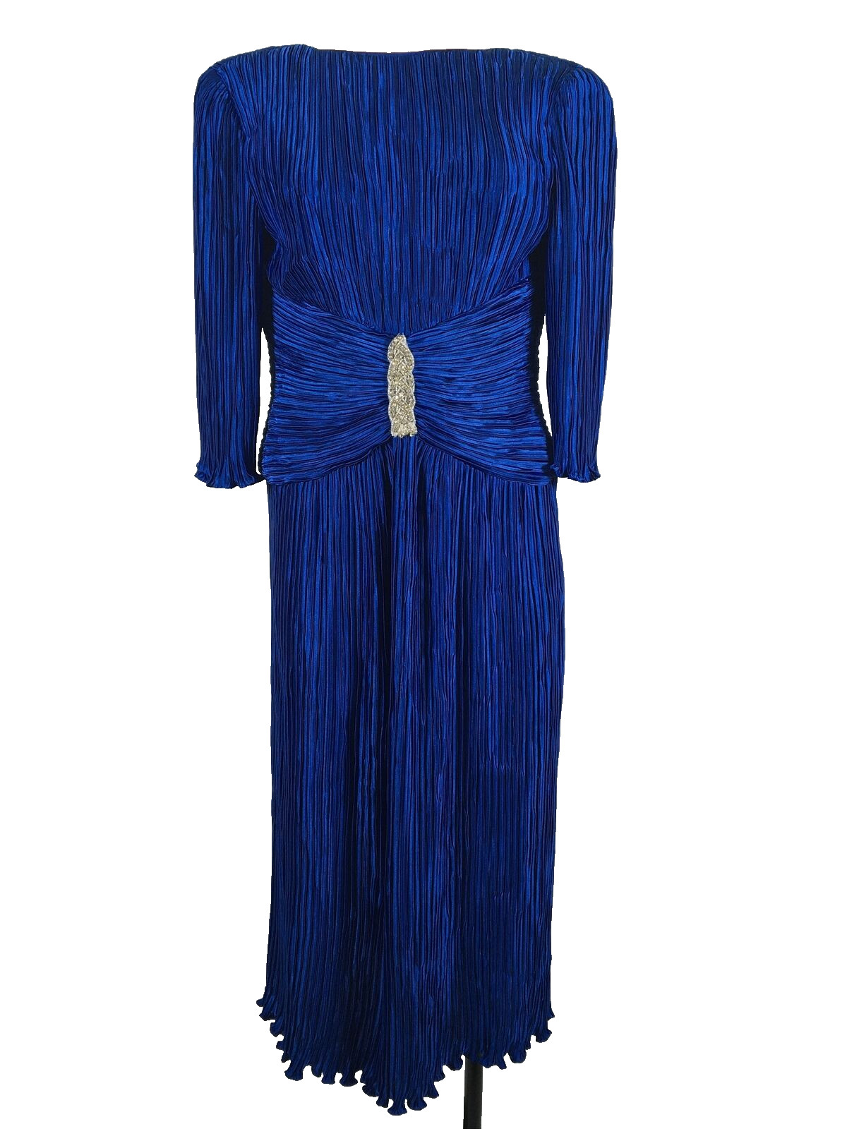 Vintage George F. Couture Puff Sleeve Sapphire Pleated Evening Gown Sz 6
