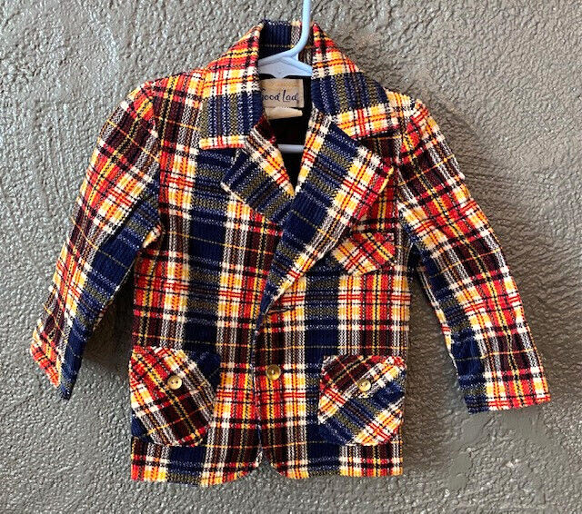 Vintage Good Lad 1970s Corduroy Blue Yellow Red Plaid Button Pea Coat Jacket 2T