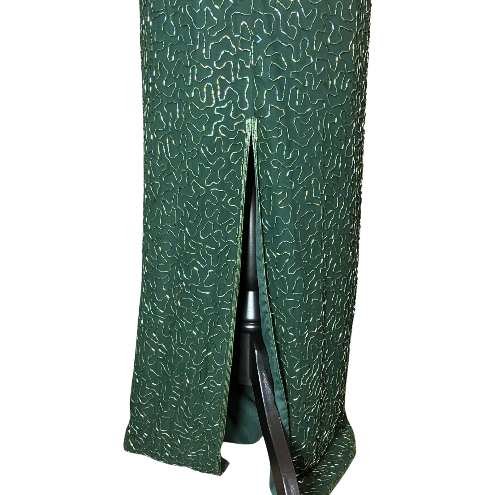 Vintage 90s 100% Silk Green Beaded Prom Dress S/M Golden Age Hollywood Glamour