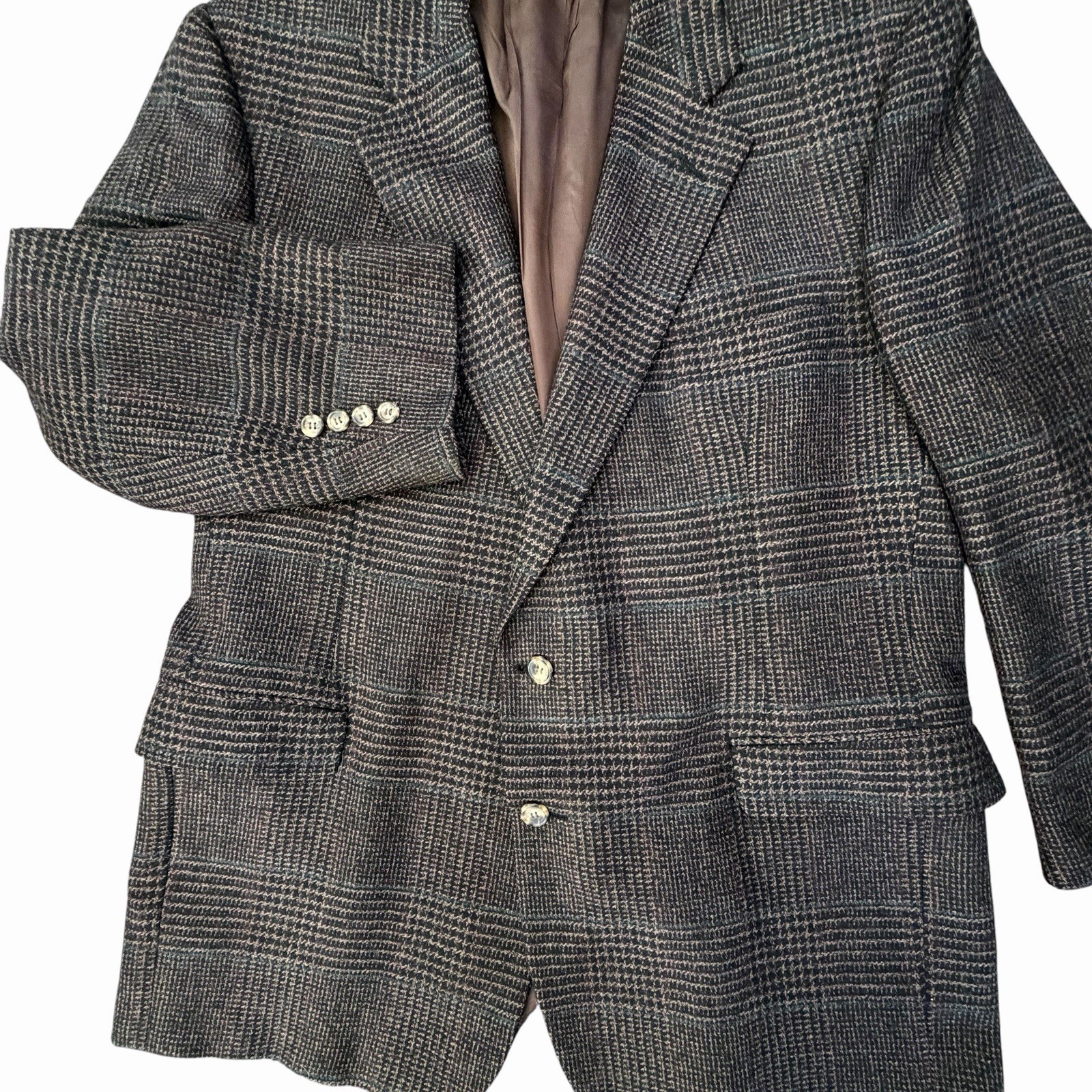 Vintage Union Made Men 42R Wool Blazer Sport Coat Brown Houndstooth Plaid Check