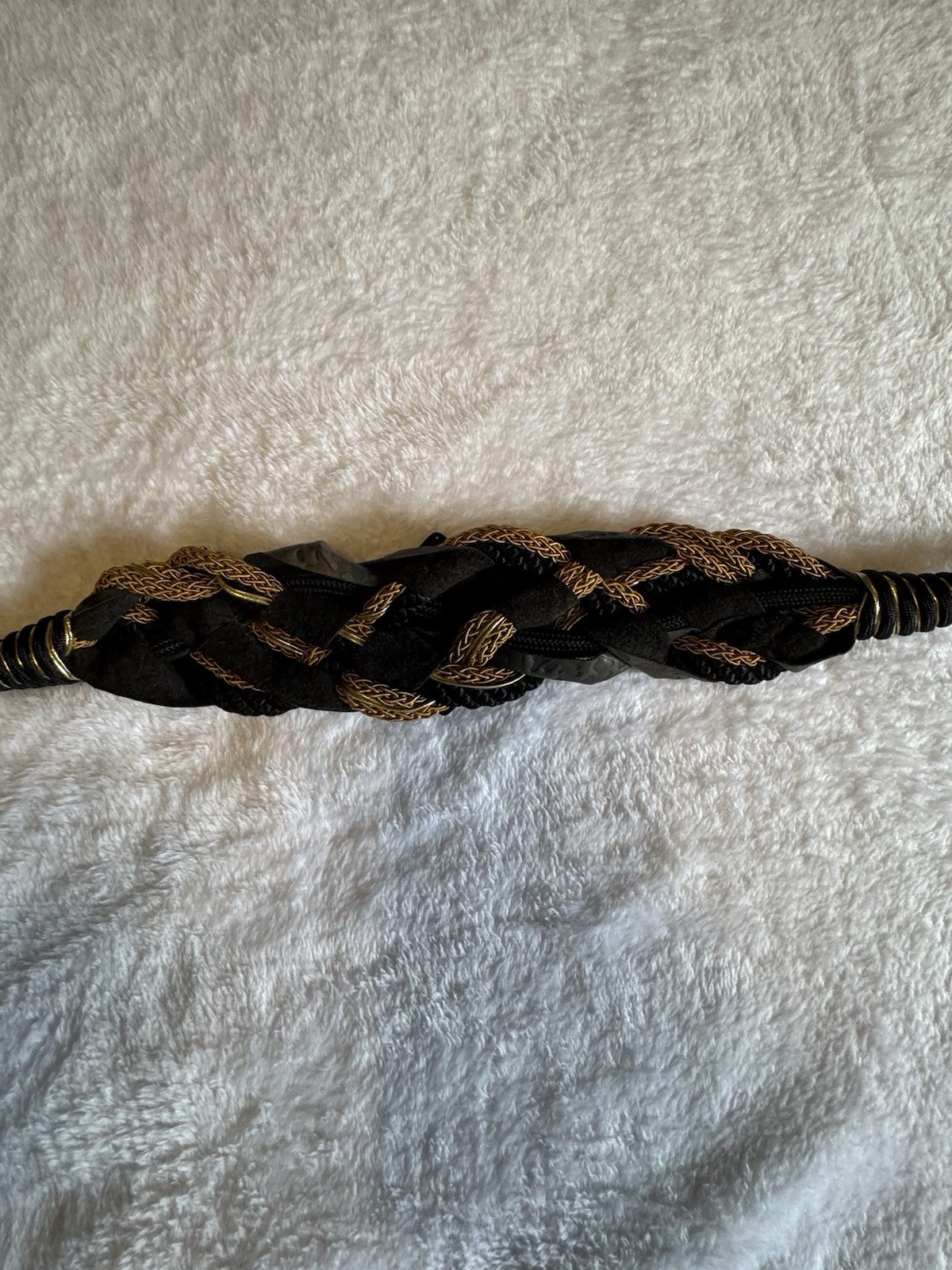 Vintage 80s Stretch Knot Braided Belt Leather Accents, Hook Closure Grey&Gold SM