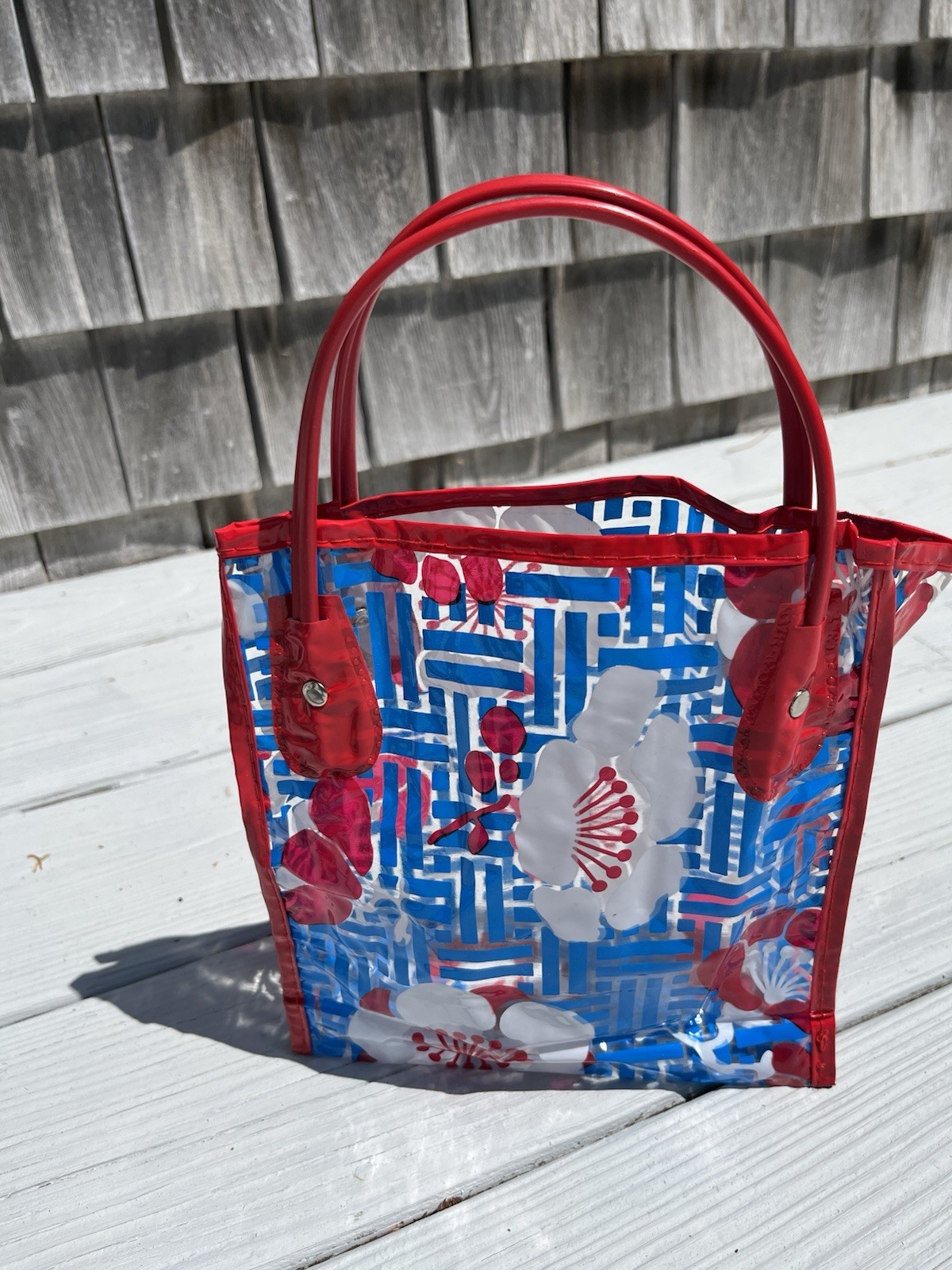 Vintage 1960’s 1970’s Small Clear Vinyl Floral Shopping Tote Bag Mod Flower Powe