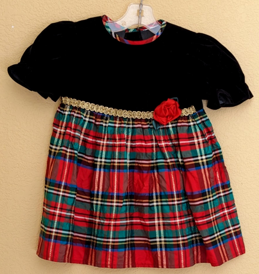 VTG 80s Holiday Dress Girl Size 2T-3T Velvet Black Gold & Christmas Plaid No Tag
