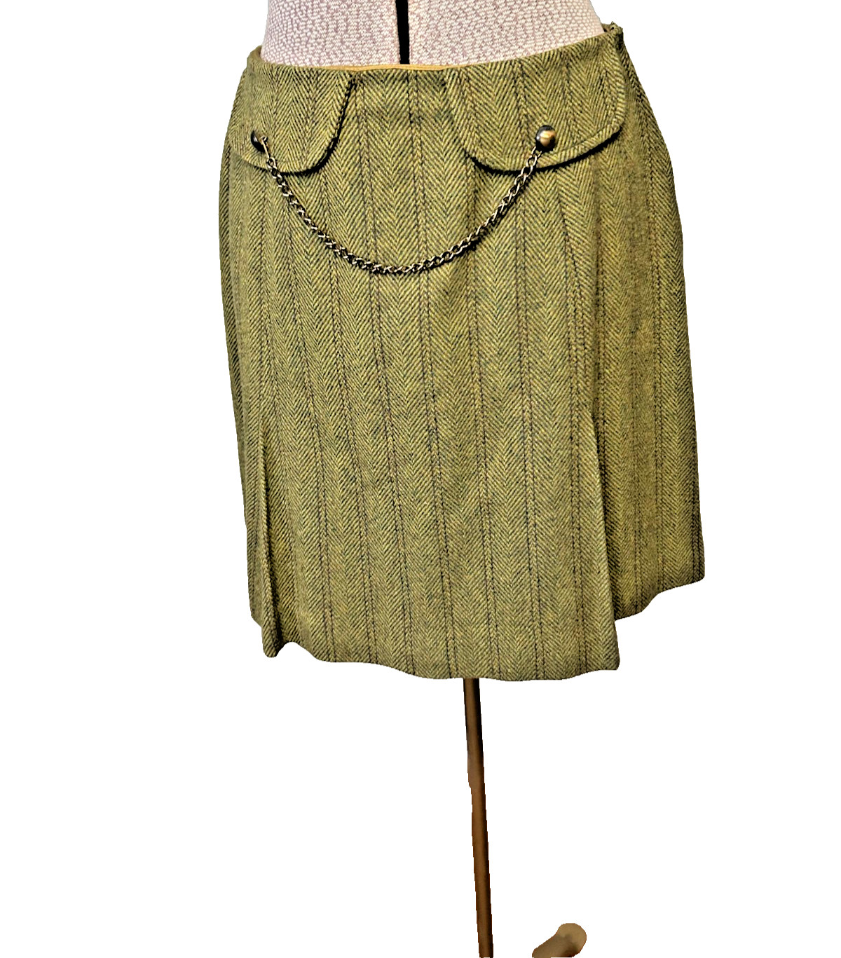 1960s Vintage Tweed Pleated Mini Skirt Waist Chain Detail Loden Green Small
