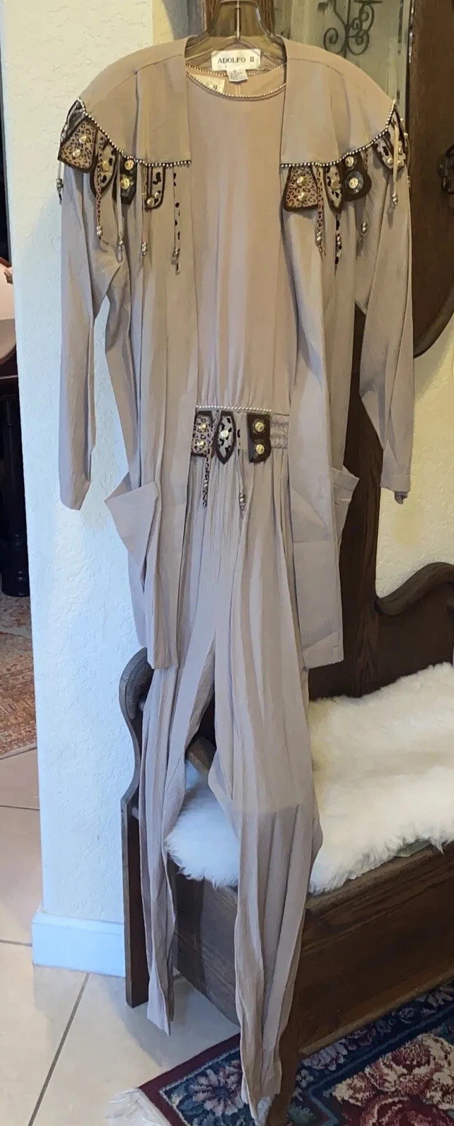 VTG WESTERN Adolfo II Jumpsuit 2 Piece Jacket Southwest Fringe Stud Leopard M