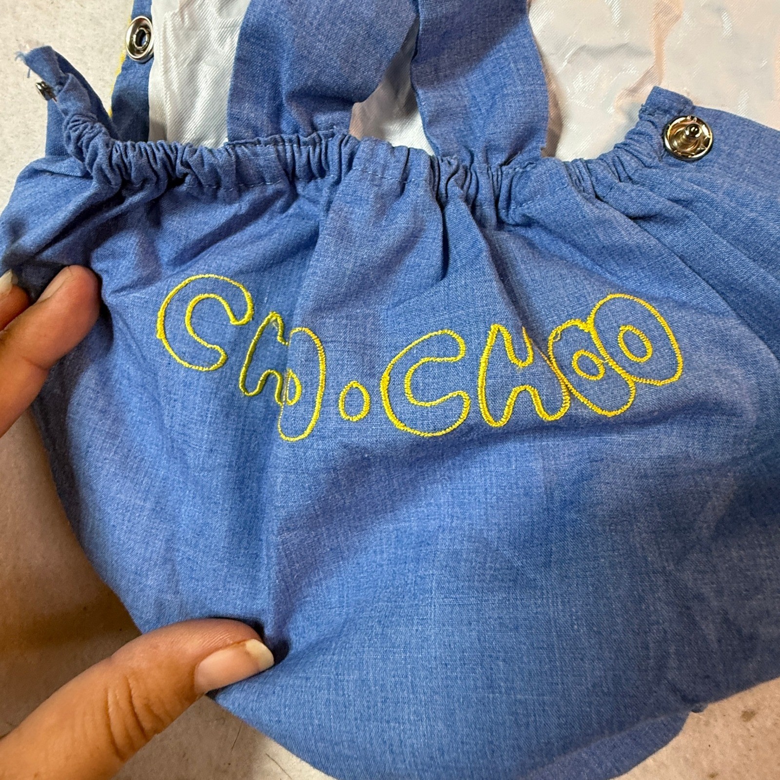 Vintage Baby Train Romper 6-12M Blue Embroidered Choo Choo Kidcore
