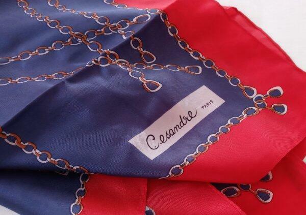 Vintage Cesandre Silk Scarf Navy Blue & Red Links of Chain Hand Rolled