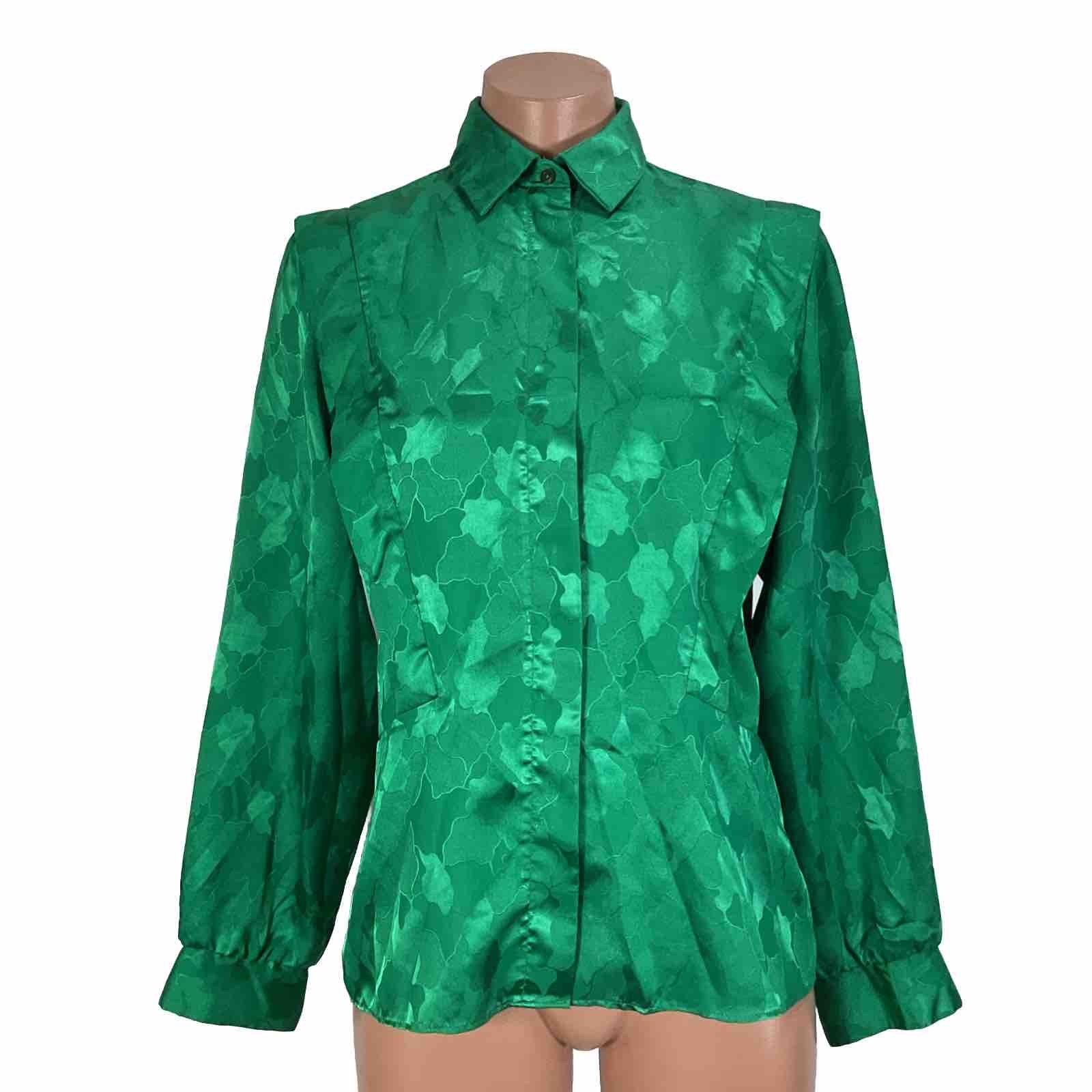 Vintage Elite Emerald Green Floral Peplum Button Front Blouse 70s sz 8