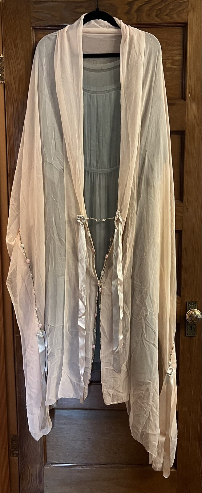 1910-20’s RARE Silk Chiffon Moss Green Dress And Soft Pink Cape