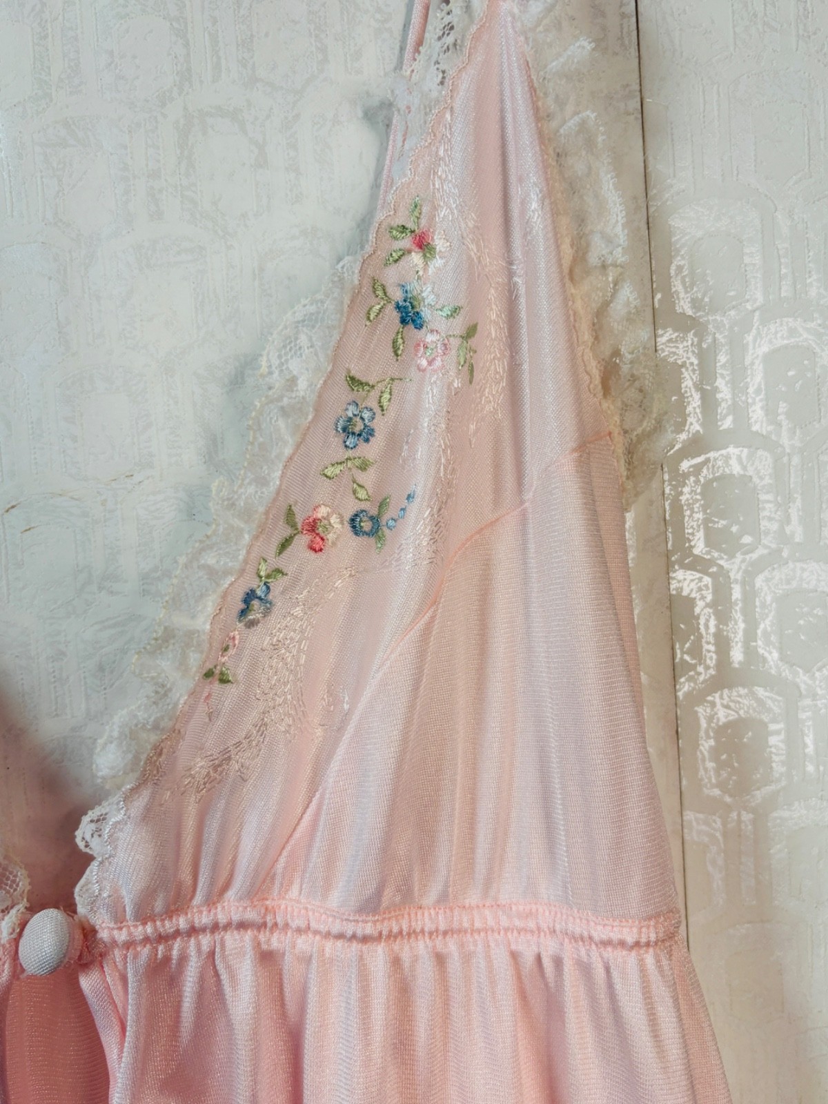 VTG VAL MODE BOHO GODDESS PINK WHITE LACE FLORAL EMBROIDERED NIGHTGOWN DRESS*S