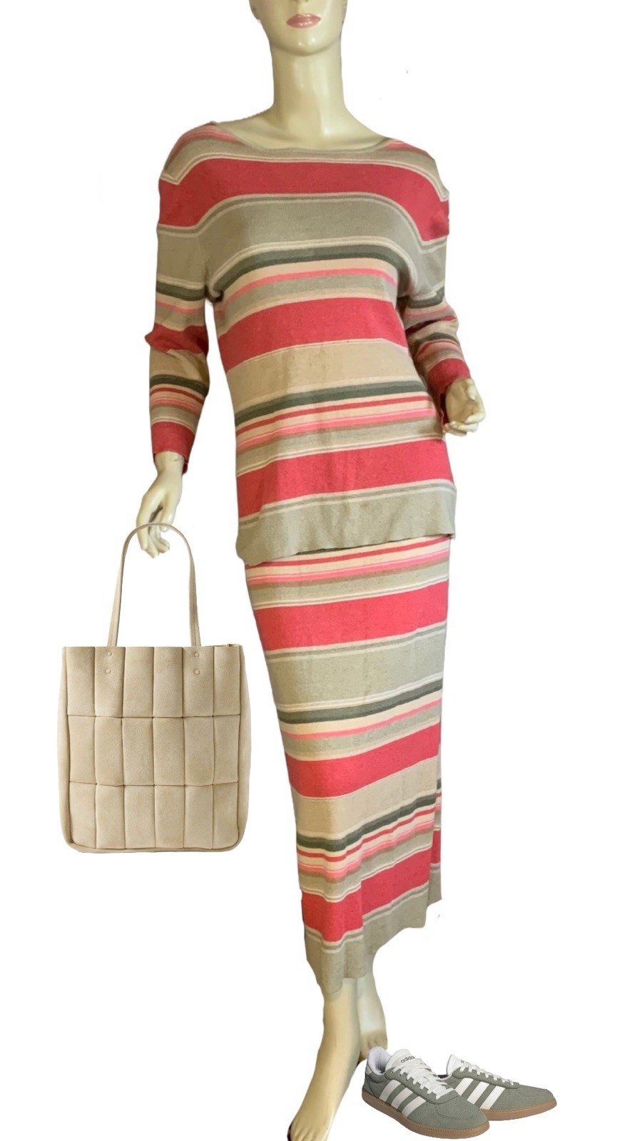 JONES NEW YORK VINTAGE Y2K CORAL & BEIGE LINEN BLEND STRIPED SKIRT SET SIZE M