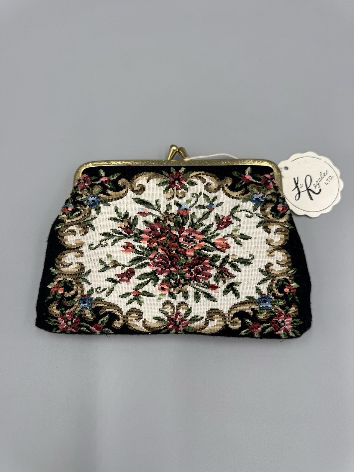 Vintage La Regale Clutch Coin Purse Floral Needlepoint Design Kiss Lock Clasp