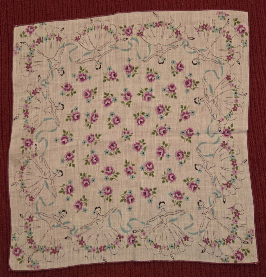May Day Hankie Dancing Girls Ribbons Floral Cotton Purple Aqua Green SQ 11′